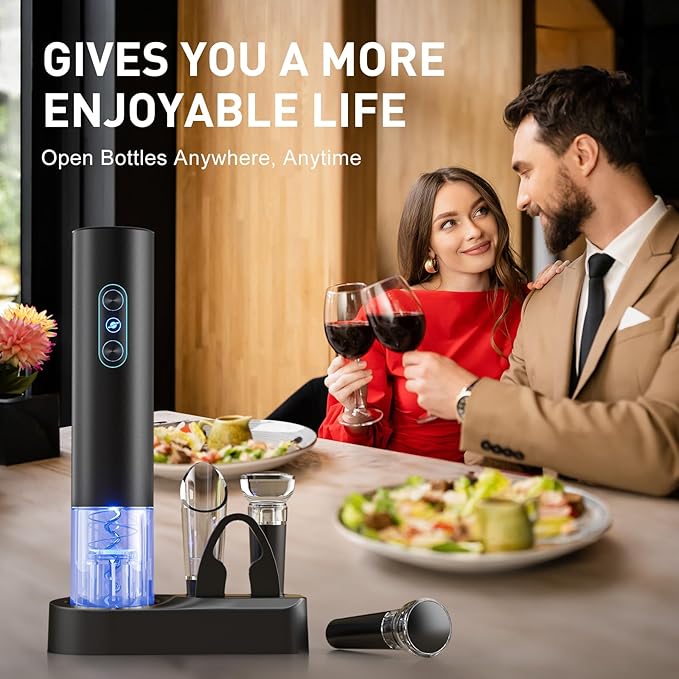 Electric Wine Opener, Rechargeable Cordless Wine Accessories, Stainless Steel Cordless Automatic Wine Bottle Corkscrew with Vacuum Stoppers, Foil Cutter for Home Party Wedding, Bars(Black)