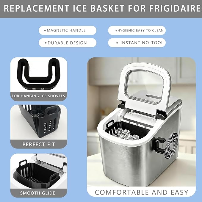 Replacement Ice Basket Compatible with Magic Chef & for Frigidaire Countertop Ice Makers - Durable Storage Bucket, Direct Fit Spare Part, No Assembly Required (Black)