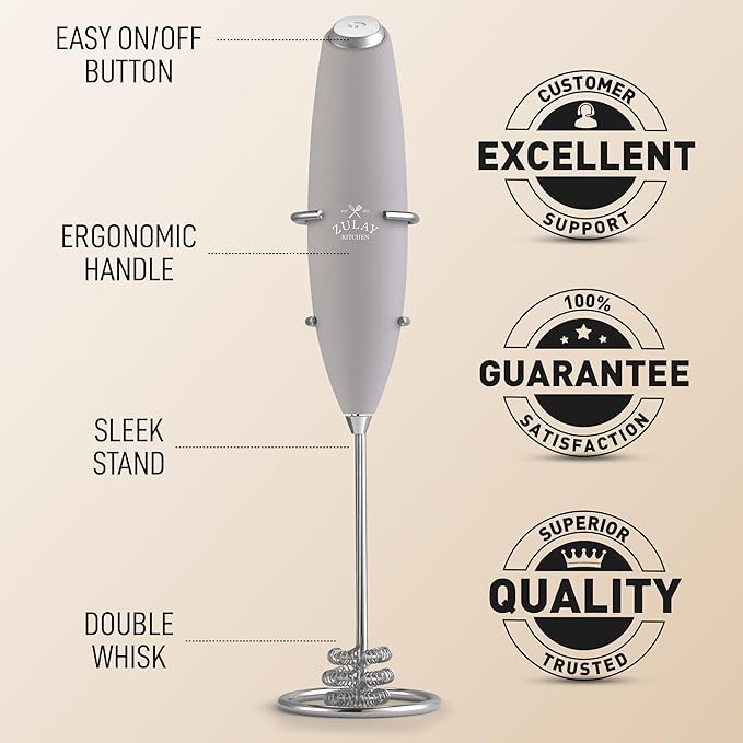Zulay Kitchen Patented Tornado Triple Whisk Milk Frother with 4 Duracell Batteries – Handheld Foam Maker for Coffee, Lattes, Matcha & Hot Chocolate – Rich, Creamy Froth in Seconds - Steel Gray