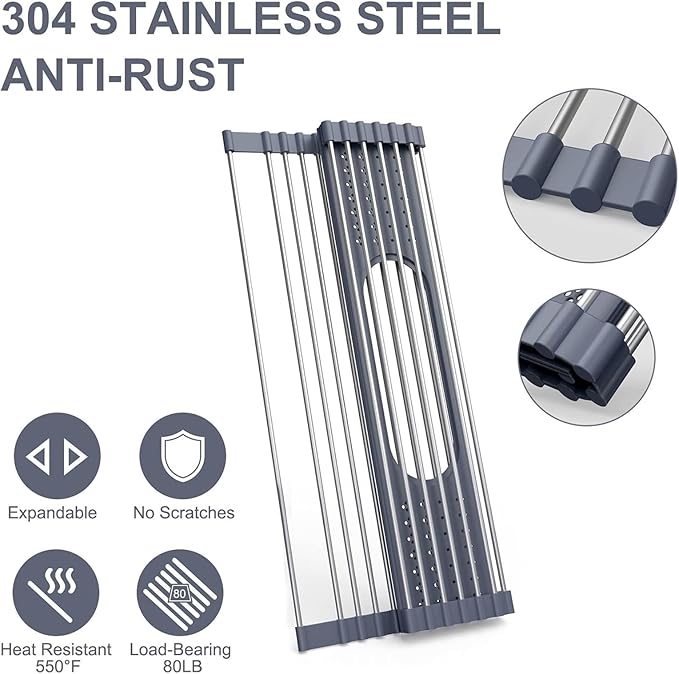 LEMIKKLE 17" x 15" Roll Up Dish Drying Rack Over The Sink Dish Drying Rack,Multi-Purpose Kitchen Rolling Dish Drainer Foldable SUS304 Stainless Steel Dish Drying Rack