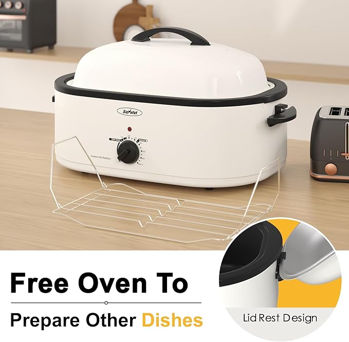 Royalcraft Roaster Oven with Self-Basting Lid, 18qt Electric Roaster with Removable Pan & Rack, Turkey Roaster Oven with Defrost & Warm Function, Stainless Steel, White