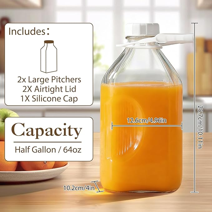 CUCUMI 2 Pack 64 Oz Glass Milk Bottle with Reusable Strong Airtight Screw Lid, 2 Qt Glass Juice Bottles for Almond Milk