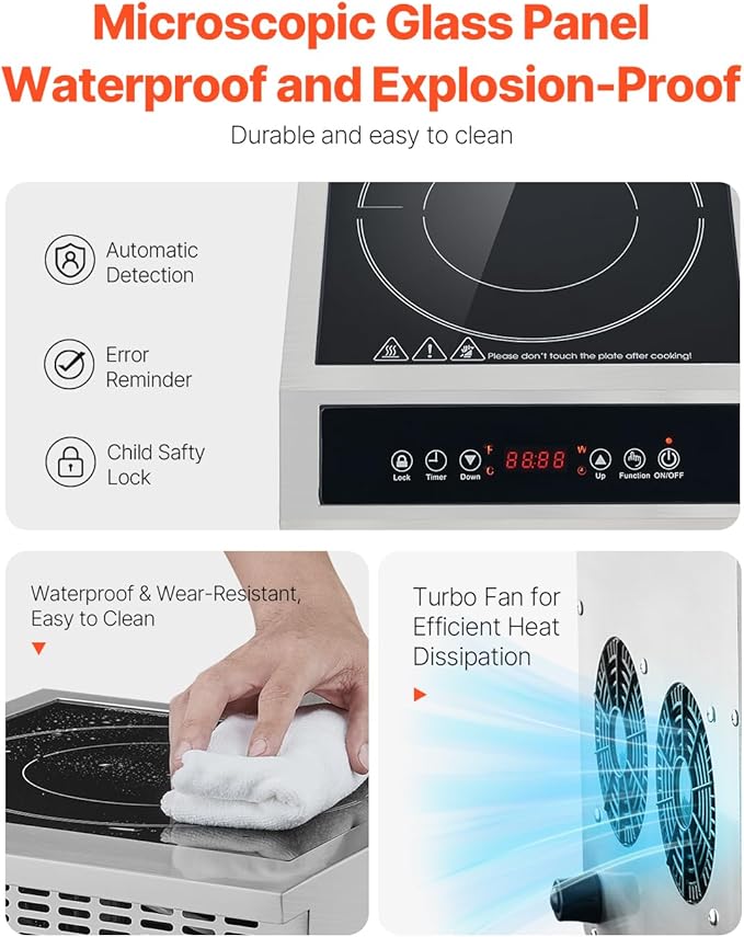 VEVOR Induction Cooktop, 3500W Commercial Induction Burner with 11-Level Temperature, Stainless Steel Countertop Induction Hot Plate with 3H Timer, Child Lock for Restaurant (6-15P Plug, 6-20R Outlet)