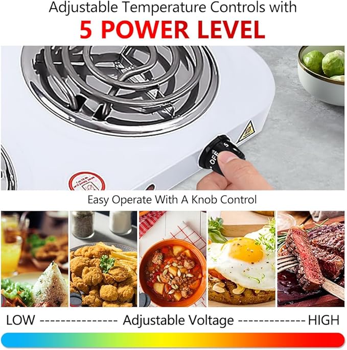 Electric Countertop Burner, Double Burner, 2000W Induction Cooktop, Portable Electric Hot Plate, 5 Level Adjustable Temperature Control Cooking Ranges for Home Dorm Camping Cooking(White Coil)