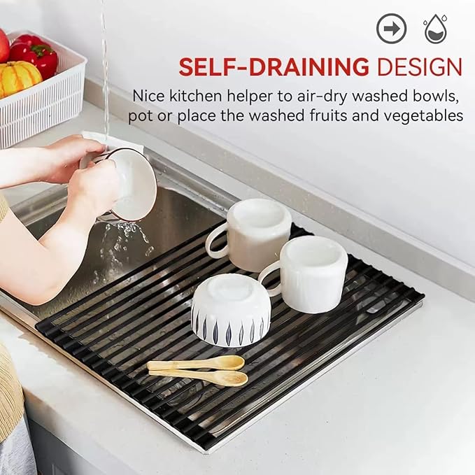 MERRYBOX 20.5" x 13" Roll Up Dish Drying Rack Silicone Wrapped Over The Sink Dish Drying Rack Multipurpose Foldable Sink Drying Mat, Heat-Resistant & Anti-Rust Dish Rack for Kitchen Sink, Large, Black