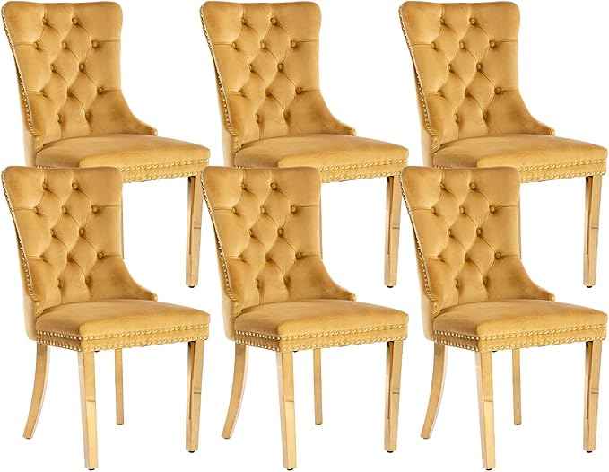Gold Velvet Dining Chairs Set of 6, Kitchen & Dining Room Chairs, Tufted Upholstered Dining Room Chair, Back Ring Pull Trim, Golden Stainless Steel Legs, Gold