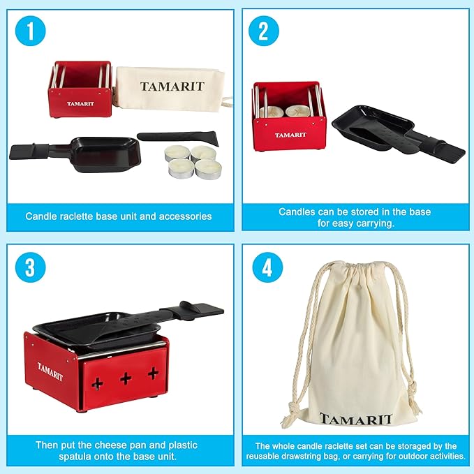 TAMARIT Personal Raclette Grill- Portable Candlelight Raclette Cheese Melter with Non-Stick Pan & Spatula - Small Raclette Machine for One Person, Picnic, Camping & Home, Red