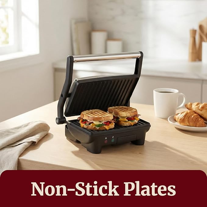 Elite Gourmet EPN-2976 2-in-1 Nonstick Panini Press & Indoor Grill, Opens 180-Degree Gourmet Sandwich Maker, Floating Hinge Fits All Foods, Contact Grill with Removable Grease Tray, Stainless Steel
