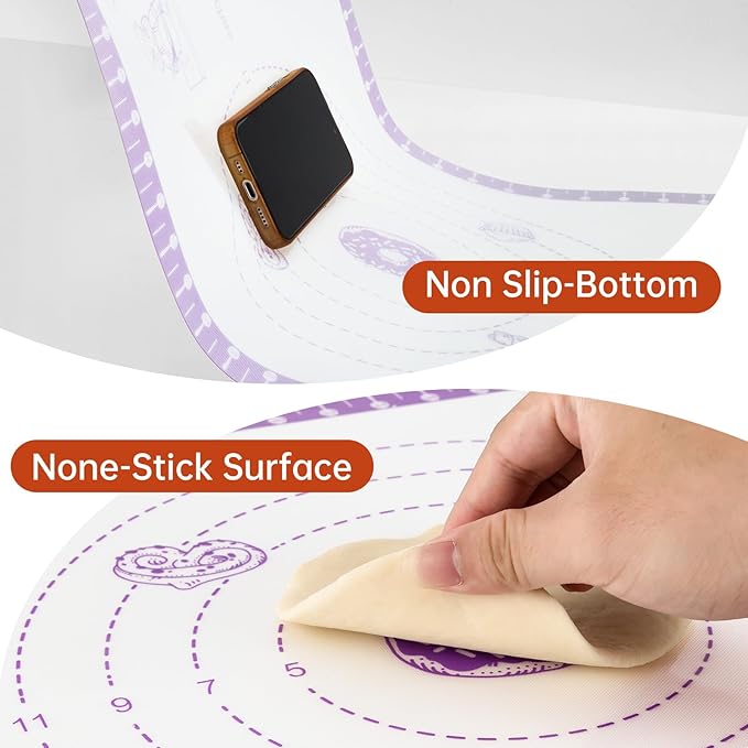 Silicone Pastry Mat with 10 Useful Recipes, Silicone Mat for Baking, Dough Rolling for Bread, Cookie, Macaron, Pizza, Surdough, Non Stick Silicone Mat for Counter 32X24INCH Purple