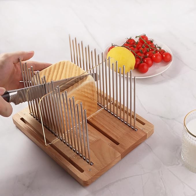 Bread Slicer, Stainless Steel Bread Slicer for Homemade Bread,Adjustable Bread Slicing Guide, Foldable and Compact Cutting Guide, Durable and Stable Wooden Structure for Bread Loaf Slicer