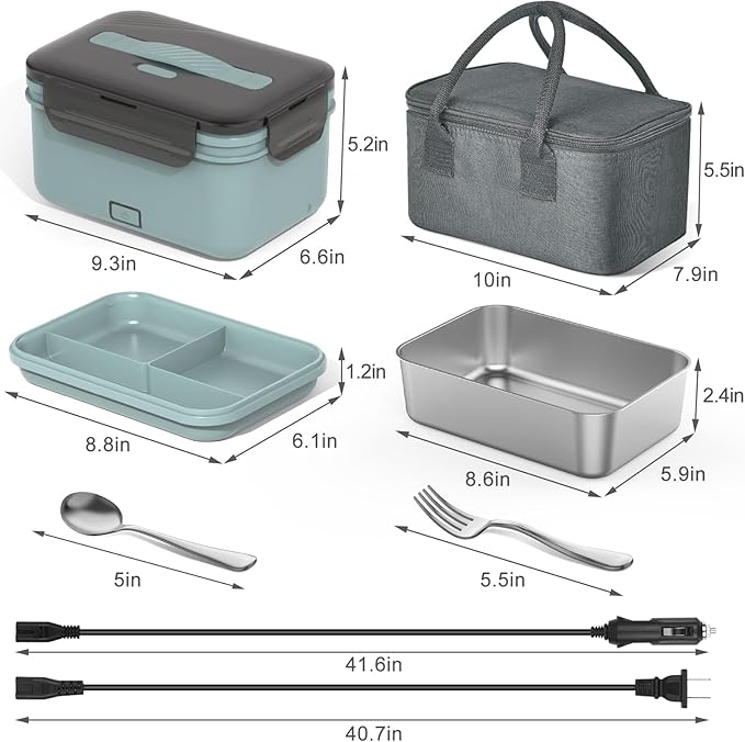 Herrfilk Electric Lunch Box Food Heater 100W, 4 in 1 Ultra Quick Heated Lunch Boxes for Adults 12V/24V/110V/220V Portable Food Warmer for Car/Truck/Office With Fork Spoon and Insulated Carry Bag