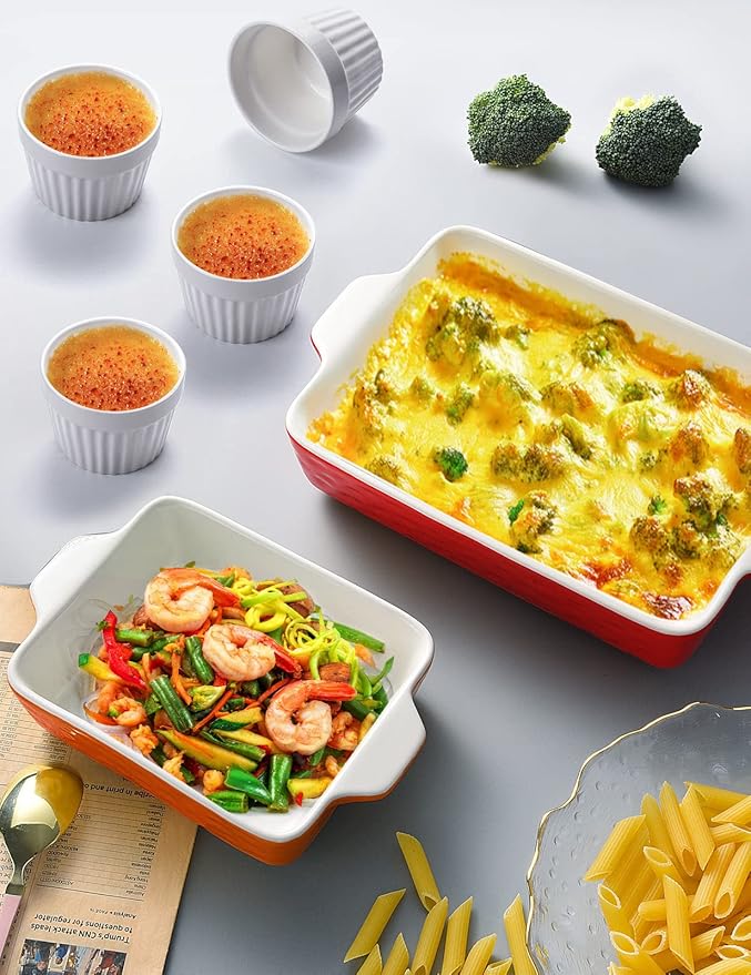 Ceramic Baking Dish and Ramekins Set Casserole Dish with Handles Packaging Upgrade Nonstick Ceramic Bakeware Ramekins Bowls for Baking Souffle, Cooking, Cakes, Lasagna & Gift, Red