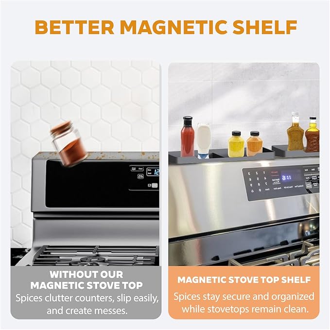 30 Inch Magnetic Silicone Stove Top Shelf, Heat Resistant Spice Rack for Kitchen, Space Saving Organizer with 6 Sticky Pads, Fits Back of Stove（Black 30''x3.8''）