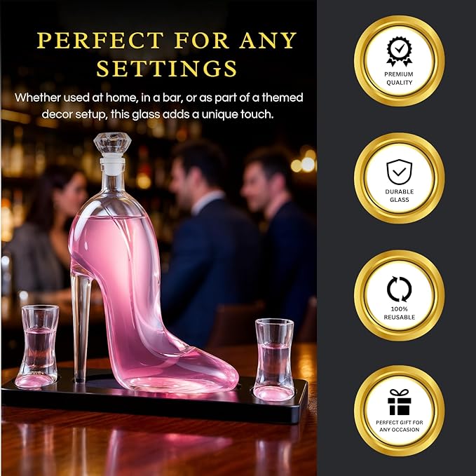 Heel Stiletto High Heels Whiskey and Wine Decanter With Heel Glasses & Wood Base - Elegant with Stopper for Liquor, Bourbon, Tequila - Unique High Heel Design, Present Gift for Women, Stylish Barware
