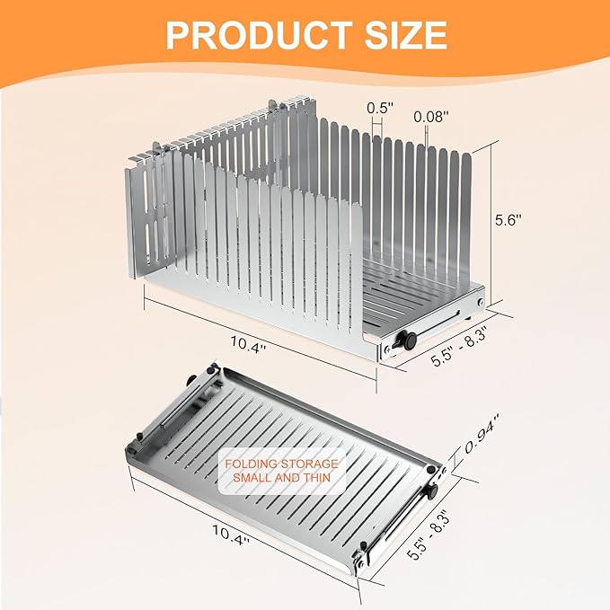 Stainless steel Bread Slicer for Homemade Bread,Adjustable Width,Foldable Compact,Bread Slicing Guide,Bread Loaf Slicer,for Cakes,Bagels,slice is 0.5",Bread width: 5.5"-8.3" (Mirror Silver)