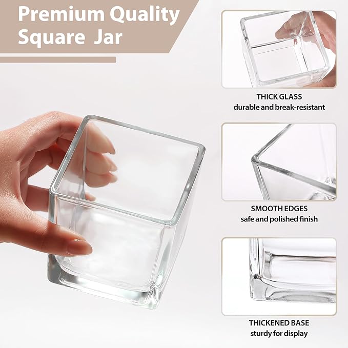 CONNOO 12 Pack 9 OZ Clear Square Candle Jars for Making Candles, Thick Glass Bulk Empty Candle Containers with Airtight Bamboo Lids for Candle Making, Sticky Warning Labels - Dishwasher Safe