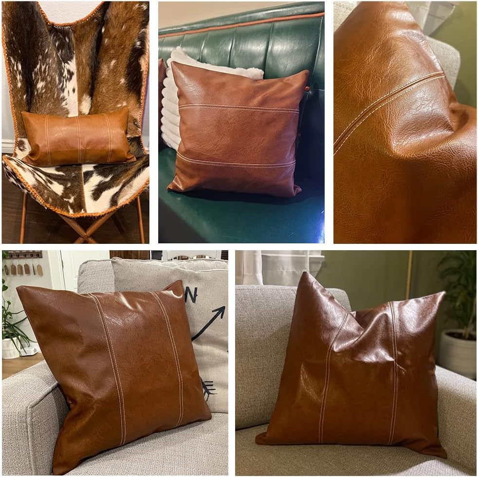 Fancy Homi Brown Boho Long Lumbar Faux Leather Decorative Throw Pillow Covers 14x24 Inch for Living Room Couch Bed Sofa, Hand Stitched Rectangle Cushion Case, Rustic Modern Farmhouse Home Decor