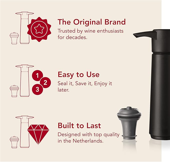 Vacu Vin Original Wine Saver with 4 Vacuum Bottle Stoppers – Wine Preserver Pump for Red or White Wine – Manual Air Remover System – Airtight Seal – Keep Wine Fresh Longer – Black