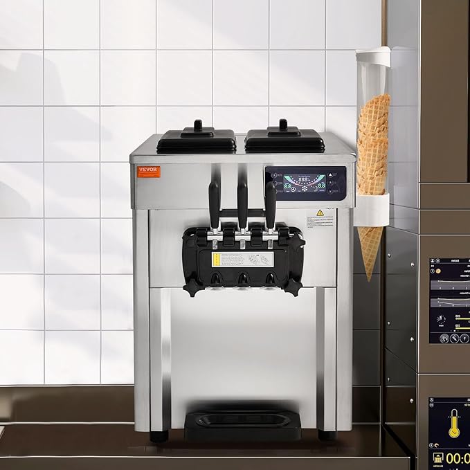 VEVOR Commercial Ice Cream Machine, 18-28 L/H Yield, 1850W 3-Flavor Countertop Soft Serve Ice Cream Maker, 2 x 5.5L Stainless Steel Cylinder, LED Panel Auto Clean Pre-cooling, for Restaurant Bars