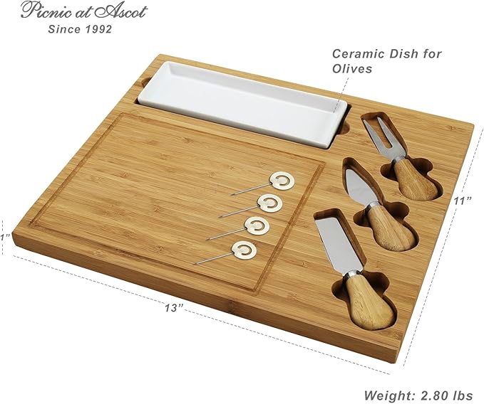 NCAA Army Black Knights Officially Licensed Bamboo Cheese/Charcuterie Board with Knife Set & Cheese Markers by Picnic at Ascot