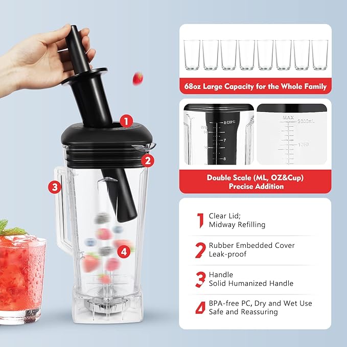 Heavy Duty Household Grade Smoothie Juicer,Adjustable Speed Countertop Smoothie Mixer,Low Noise Self-cleaning Blender 24000-26000rpm 2L/68oz (Red)