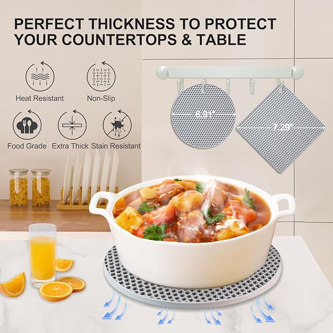 Silicone Trivet Mats, 4 Pack Hot Pads Pot Holders for Kitchen, Heat Resistant Non-Slip Trivets for Hot Dishes, Hot Pots and Pans, Countertop, Table, Food Grade Silicone & BPA Free, Gray