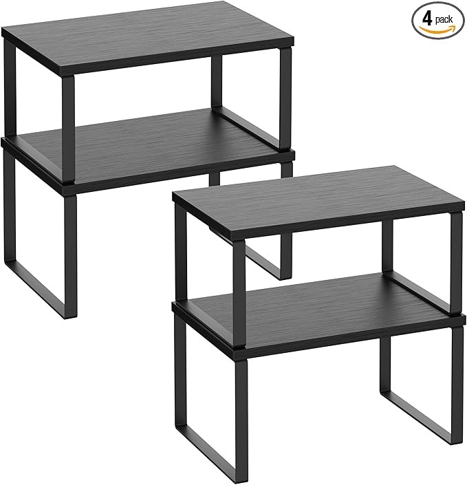 Kitchen Cabinet Organizer Shelf Set of 4, Sturdy Kitchen Counter Shelves with Metal Legs, Stackable Expandable Wood Spice Rack Pantry Cupboard Dish Mug Cup Storage Organizer Shelf, Black