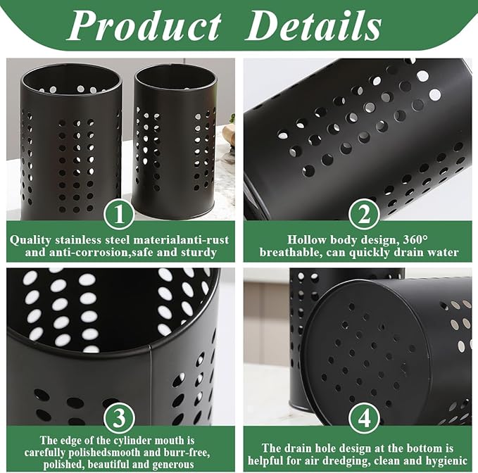 Evanda Kitchen Utensils Holder for Countertop Pack of 2, Stainless Steel Black Utensils Caddy, Farmhouse Stylish Organizer and Kitchen Decor Utensil Crock, Gift for New House New Apartment