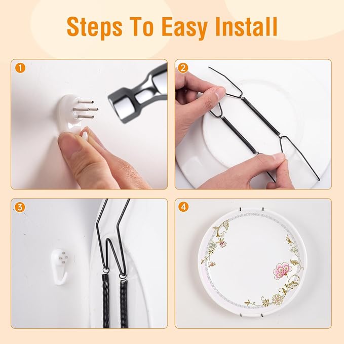 Bilillo 3-Piece Stainless Steel Wall Plate Hangers, 8/10/12 Inch Invisible Decorative Wire Plate Holders with 3 Pieces Wall Hooks for 8 to 14 Inch (Black)