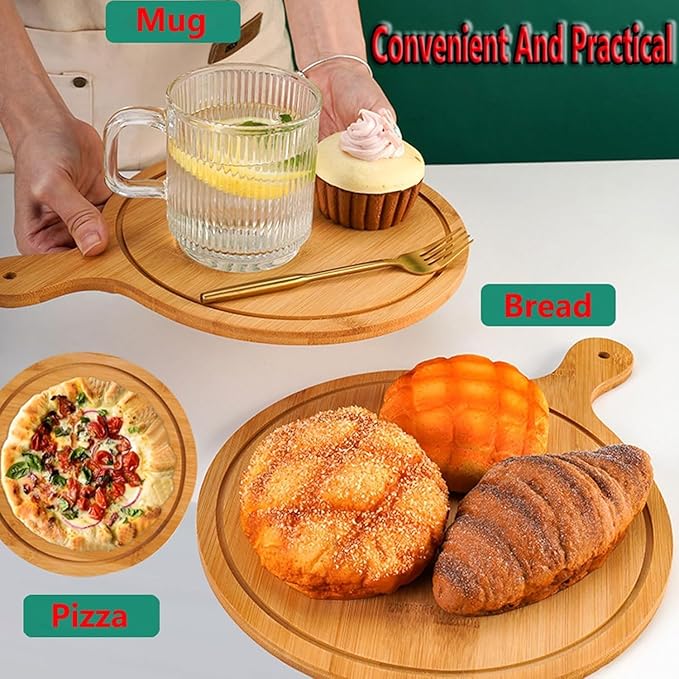 6 Pack Pizza Board Set – Premium Wooden Pizza Plates for Serving & Cutting, Round Bamboo Pizza Plate with Handle, Durable & Lightweight for Home & Restaurant (Up to 13 Inches),8inch