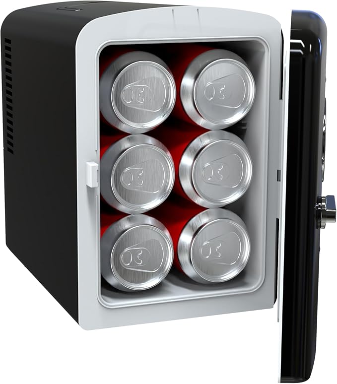 Frigidaire Retro 9-Can Mini Personal Fridge Portable Cooler for Car, Office, Bedroom, Dorm Room, or Cabin, 11.8" D x 7.1" W x 10.1" H, BLACK