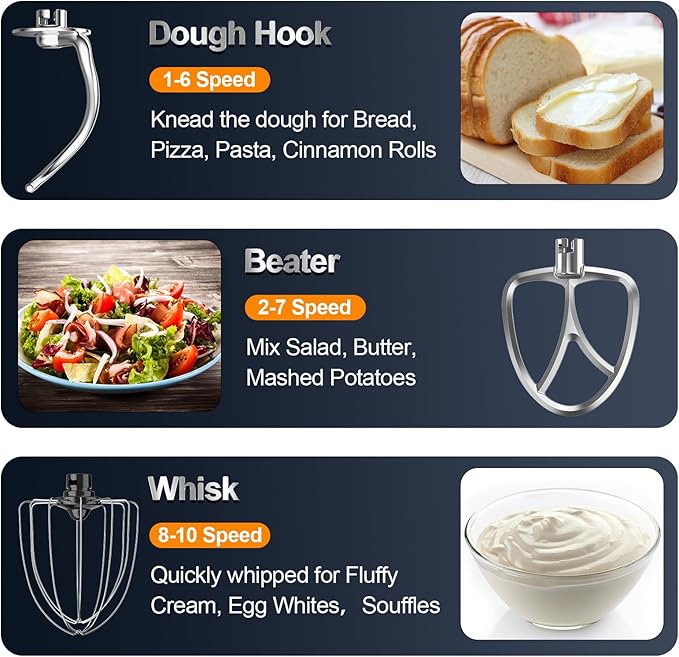 Honinst Stand Mixer, 6.5QT 10-Speed Tilt-Head Electric Stand Mixer, 3-In-1 Kitchen Mixer with Bowl, Dough Hook, Whisk and Beater, Food Mixer for Baking, Cake and Most Home Cooks, Black