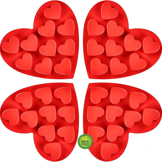 4 Pack 10-Cavity Heart Silicone Molds Non-Stick Food Grade Reusable Baking Molds for Chocolate Candy Gummy Jello Ice Cube Soap DIY Valentine's Day Craft Making
