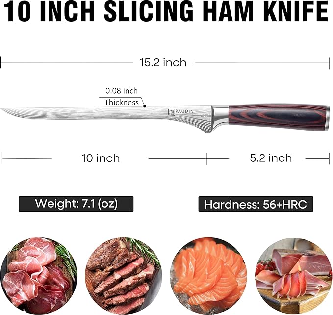 PAUDIN 10 Inch Ham Slicing Knife, Professional Carving Knife for Meat, High Carbon Stainless Steel, Ergonomic Pakkawood Handle with Sheath, Ultra Sharp Blade for Prosciutto/Jamon Serrano, Gift Box