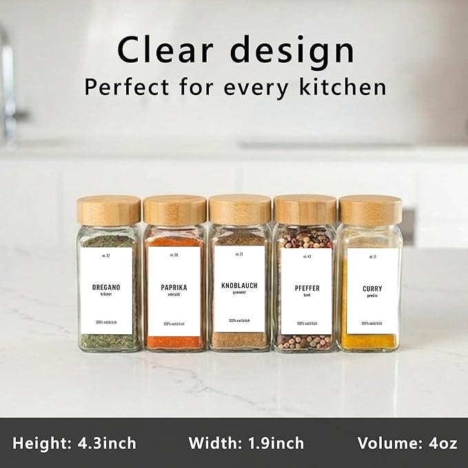 Deco haus Glass Spice Jars with White Label and Bamboo Lid 24x4oz [LABELS incl] Spice Containers with Labels, Shaker Lids & Funnel - Empty Herb Seasoning Containers, Small Seasoning Bottles for Her