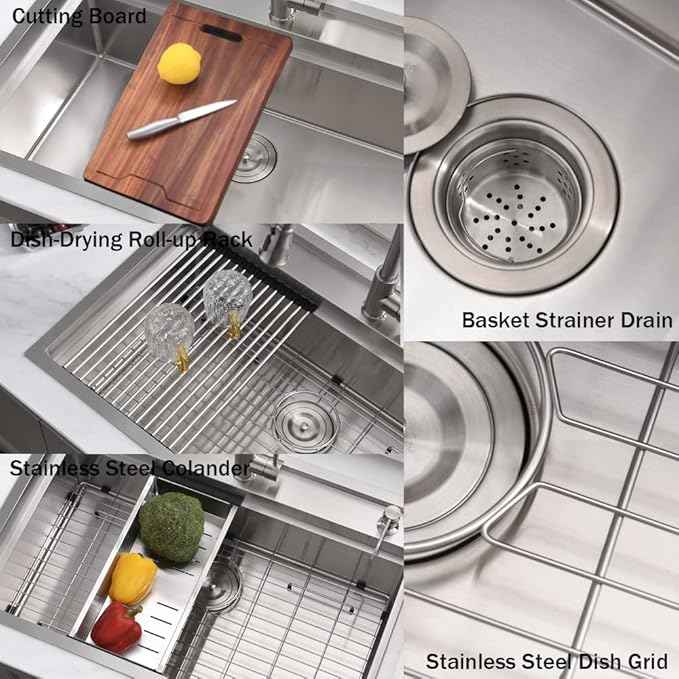 33 Inch Waterfall Drop In Kitchen Sink with Faucet Combo Workstation - VOKIM 33x22-Inch Drop In Sink Stainless Steel 16 Gauge Single Bowl Kitchen Sinks with Cutting Board