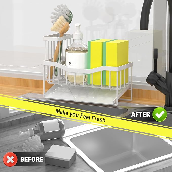 Maifan Sink Caddy Sponge Holder for Kitchen with Brush Holder and Stainless Steel Self Drain Tray, Rustproof Kitchen Sink Organizer for Sponge, Soap Dispenser Storage Accessories
