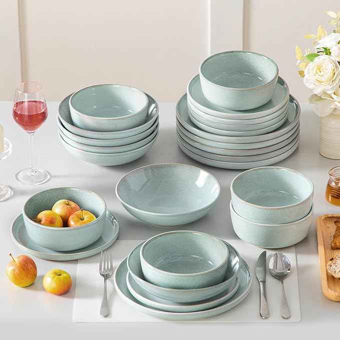 vancasso ANYA 24 Pieces Plates and Bowls Set, Mint Green Dinnerware Sets, Reactive Glaze Dishes Set for 6, Ceramic Dishware Sets Kitchen Dinner Set, Microwave & Dishwasher Safe
