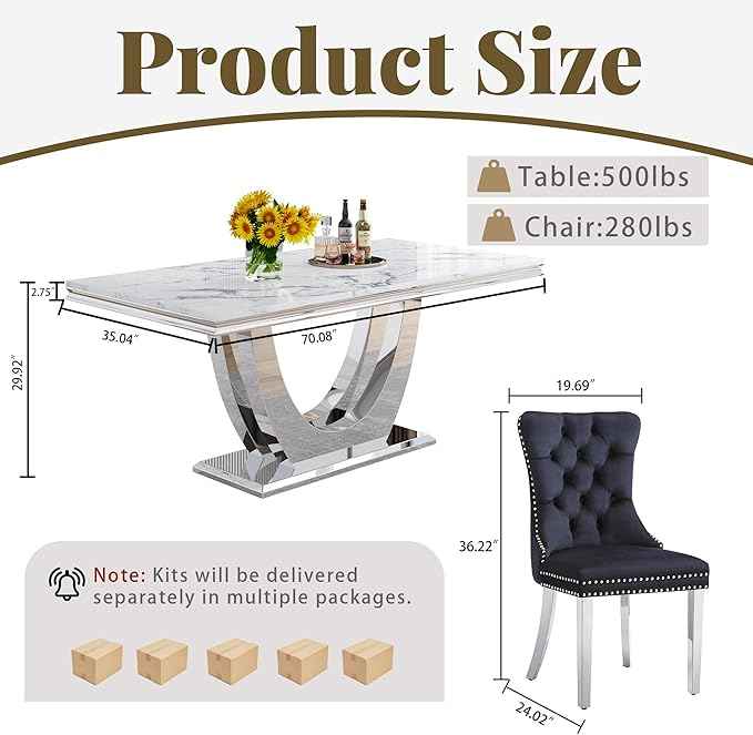 Marble Dining Table Set for 6,70" White Faux Marble Kitchen Tables and Velvet Chairs for 6,7 Piece Luxury Dining Room Table Set and 6 Upholstered Chairs with Silver Stainless Steel Bases