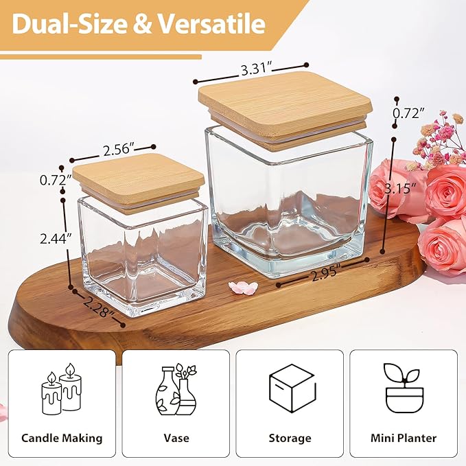 CONNOO 12 Pack 9oz, 3oz Clear Square Candle Jars for Making Candles, Thick Glass Bulk Empty Candle Containers with Airtight Bamboo Lids for Candle Making, Sticky Warning Labels - Dishwasher Safe