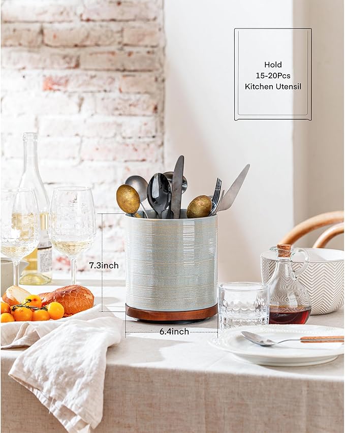 Utensil Holder, 360° Rotating Extra Large Ceramic Kitchen Utensil Holder for Countertop, 7.3" Cooking Utensil Crocks with Rotatable Wooden Base, Farmhouse Decor, Dusty Green