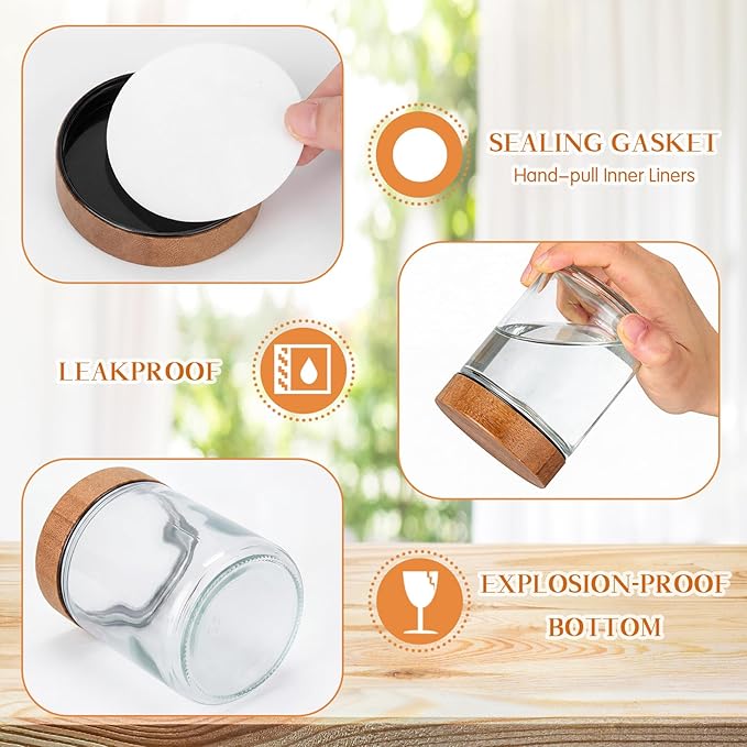 Norme 24 Pcs 8oz Glass Jars with Lids Empty Small Glass Containers and Inner Liners Reusable Cosmetic Jars Round Airtight Bottles with Plastic Wood Grain Lids for Travel