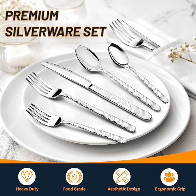 NICE KITCHEN 60 Piece Silverware Set for 12, Food-Grade Stainless Steel Utensils Set,Wave Style Design & Mirror Polished - Dishwasher Safe