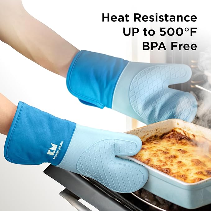 Kitchen Mama UltraShield Silicone Oven Mitts – Heat Resistant, Non-Slip Surface, Durable, Safe, Pot Holders, Flexible Waterproof Glove Set, Perfect for Cooking, Baking, Grilling, BBQ (Blue)