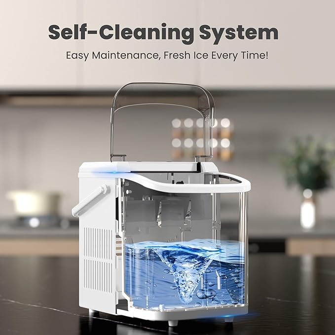 DUMOS Countertop Ice Maker with Handle, 26lbs/24H Portable Ice Machine, 9 Bullet Cubes Ready in 6 Mins, Self-Cleaning, Quiet Compact for Home, Kitchen, RV, Camping, Bright White
