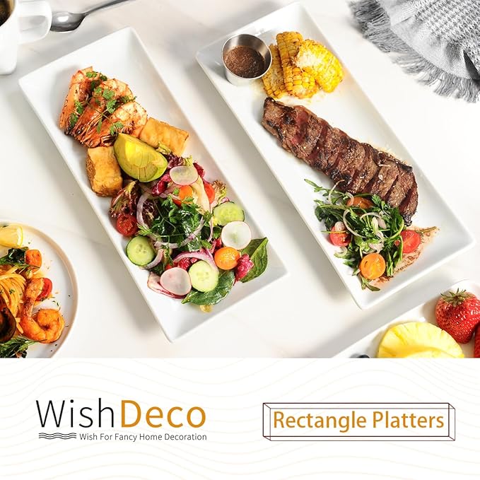 WishDeco Serving Platters Set of 3, Large Serving Trays 14 inch, White Serving Plates, Ceramic Rectangle Plate, Long Platter for Cake, Sushi, Steak, Dessert, Buffet