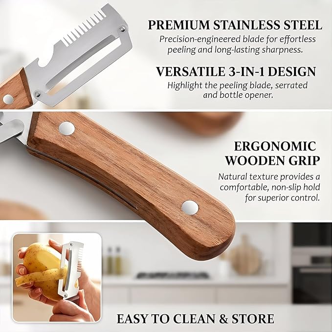 2 Pack Multifunctional Vegetable Peeler, 3-in-1 Peelers For Kitchen with Bottle Opener, Sharp Stainless Steel Swivel Blade, Wooden Handle, For Vegetables or Fruits that Need to Be Peeled