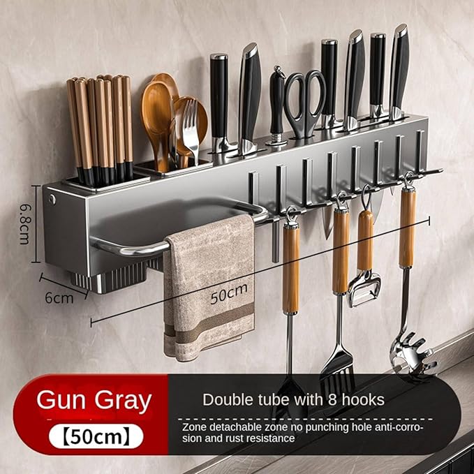 New Multi-Functional Kitchen Rack Home Wall-Mounted Knives Chopstick and Spoon Storage Rack Punch-Free cookware draining Rack, 40, Black