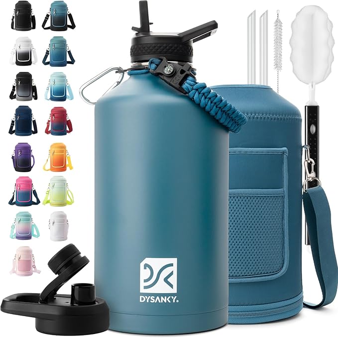 DYSANKY 1 Gallon Water Bottle Insulated | Thickened Stainless Steel Vacuum Metal Water Jug | Portable Sports Large for Gym and Hiking with Straw, Carrier Bag, Handle Strap | BPA-Free 128 oz