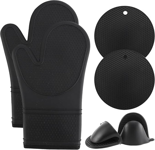 COOK WITH COLOR Silicone Oven Mitts- Heat Resistant Gloves with Soft Quilted Lining Oven Mitt Pot Holders for Cooking and BBQ, Black, Mitt Set